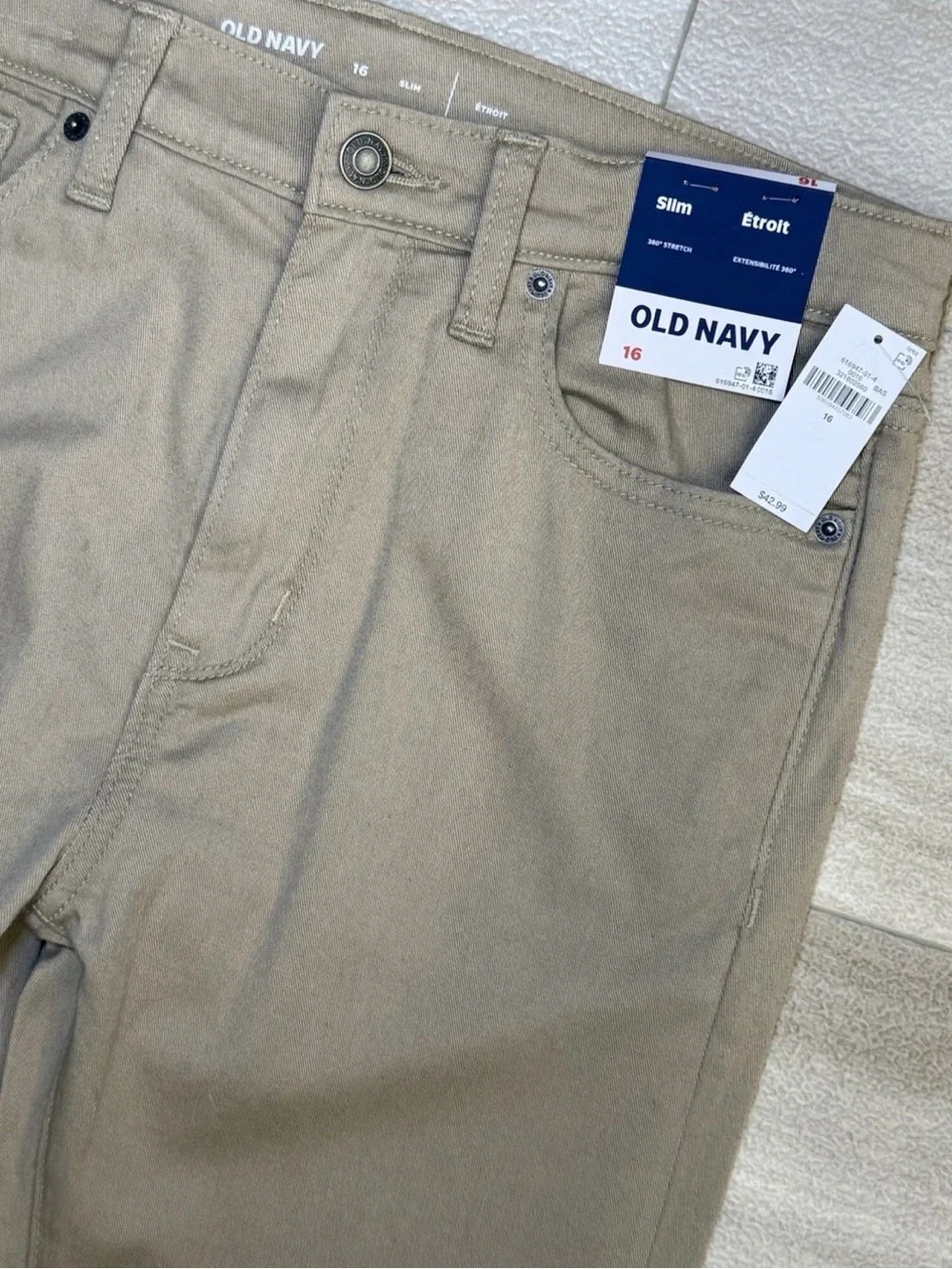 NEW Old Navy Boys Dockers Khaki Pants Sz 16 Slim School Uniform Adj Waist 29x30
